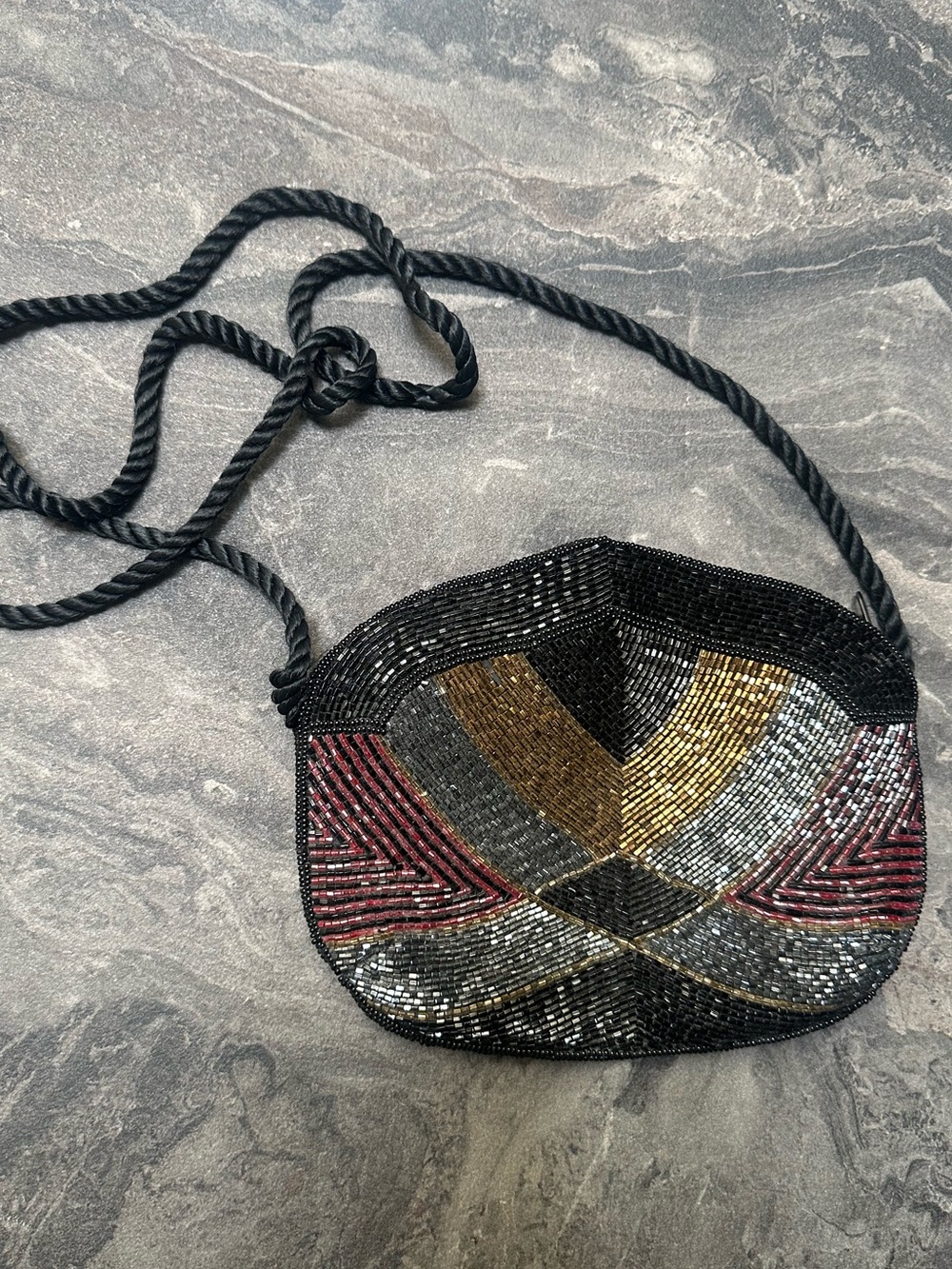 1920’s Style Beaded Black Crossbody Bag with Multicolor Accent